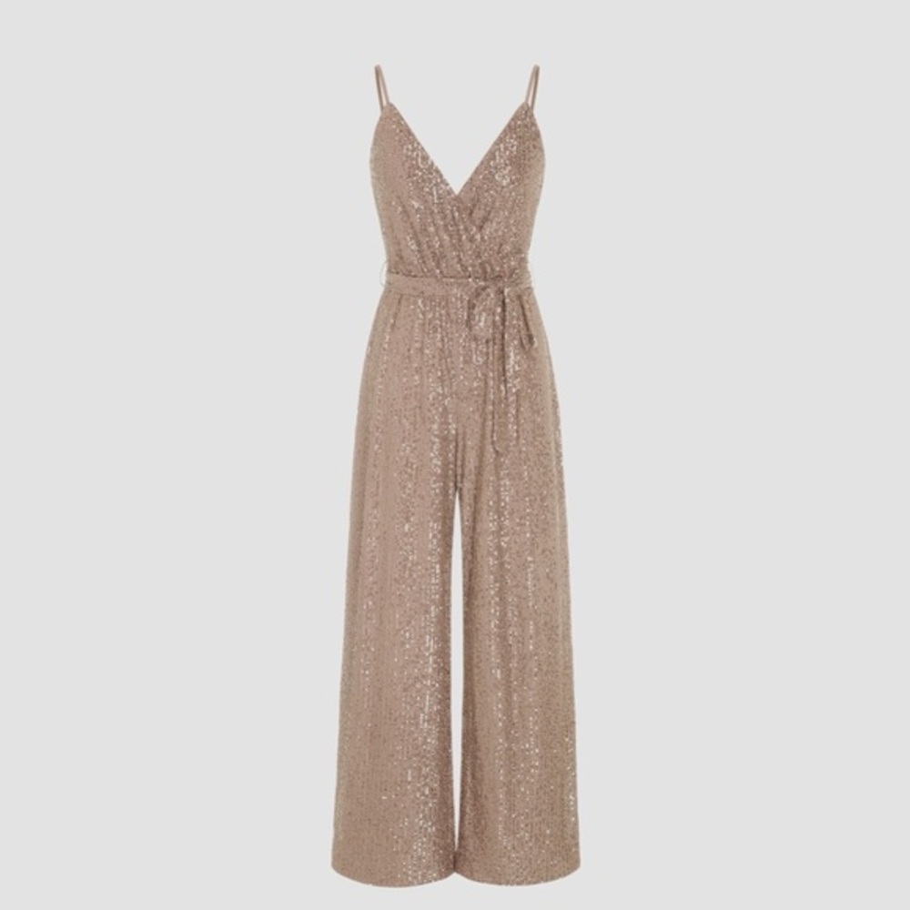 Cider SEQUIN V-NECK SOLID BELTED WIDE LEG JUMPSUIT S Cr27-8